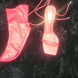AKIRA Red Versatile Square-Toe Strappy Sandal with Matching Zip Ankle Bootie